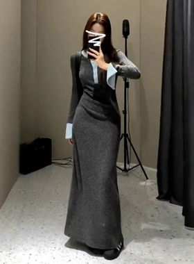 高级感灰色针织毛衣连衣裙子女装2025新款秋冬季打底内搭包臀长裙