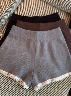 蕾丝花边短裤女浅灰色针织毛线休闲裤秋冬2025新款韩版高腰阔腿裤