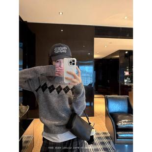 洗水菱格圆领套头毛衣女秋冬新款 针织上衣 休闲设计感修身