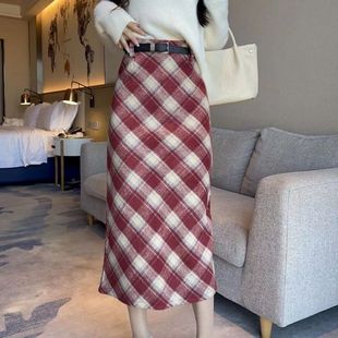 复古加厚毛呢格子半身裙秋冬新款 高腰显瘦A字气质格纹中长裙