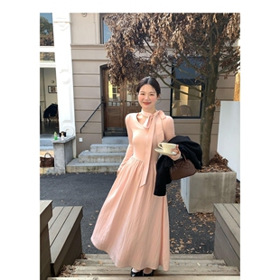 韩系穿搭一整套女秋季设计感小众蝴蝶结长袖气质高腰显瘦连衣裙