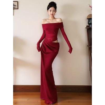 原版面料网纱拼接连衣裙女2025春季新款露腰镂空收腰长裙