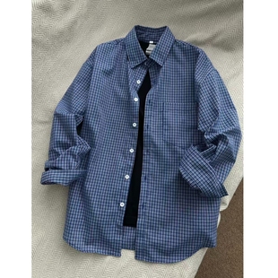 气质宽松防晒衬衣上衣外套 法式 蓝色格子衬衫 女早秋2025年新款