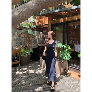 茶歇收腰包臀裙波点长裙 法式 小飞袖 波点荷叶边吊带连衣裙子女夏季