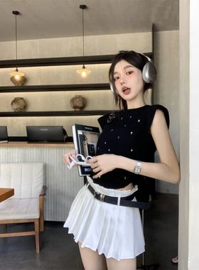 晨领白色芭蕾风半身裙女夏季裙裤百褶短裙小个子辣妹高腰A字裙子