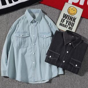 轻熟风春秋衣上衣韩国宽松长袖 男2025潮流水洗牛仔衬衣外 衬衫