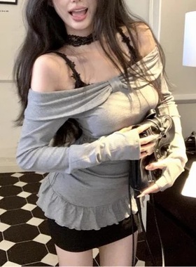 2024新款灰色一字肩连衣裙子女早秋季辣妹纯欲风蕾丝内搭短裙套装