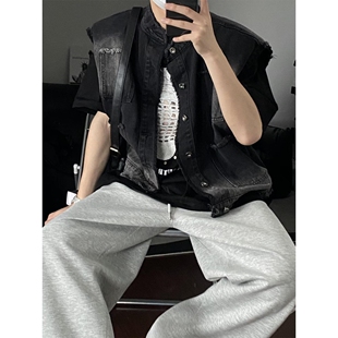 夏季 网红复古做旧水洗高级上衣 网红毛边设计感牛仔马甲男韩版