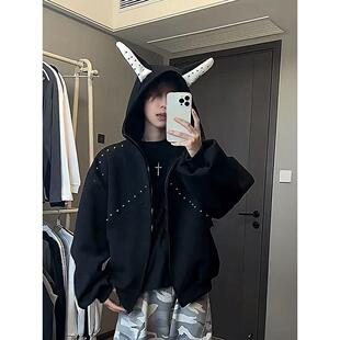 款 情侣装 卫衣男春秋季 杜宾犬高级感开衫 潮牌铆钉痞帅重磅外套 美式