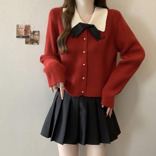 法式 女早秋冬季 蝴蝶结上衣漂亮毛衣 针织衫 绵羊绒洗水红色长袖