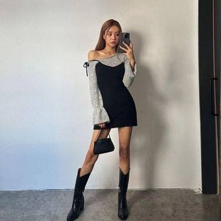 韩国东大门秋冬新款 包臀御姐连衣裙女 气质假两件斜领露肩拼接修身