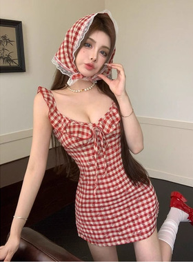法式气质红色格子无袖连衣裙子女夏季2025新款小个子显瘦收腰短裙