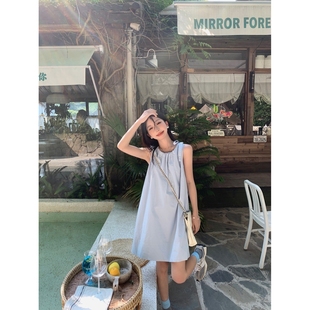 夏季 背带连衣裙女2025新款 系带直筒短裙子 甜美小清新蓝色无袖 法式