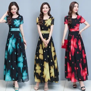 气质裙子沙滩裙长裙子 韩版 波西米亚圆领连衣裙收腰显瘦女夏季 新款