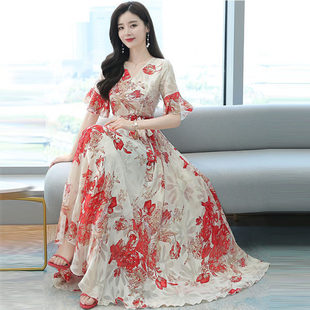 仙女裙子潮 收腰显瘦气质女神范短袖 连衣裙夏装 女长裙2025新款