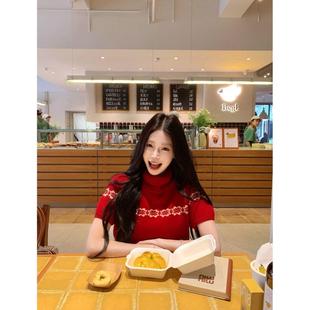 包芯纱洗水复古费尔岛提花红色短袖 减龄针织上 毛衣女秋冬新款