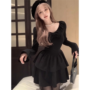 黑色蝴蝶结长袖 内搭打底收腰显瘦蓬蓬蛋糕短裙子 连衣裙女秋冬新款
