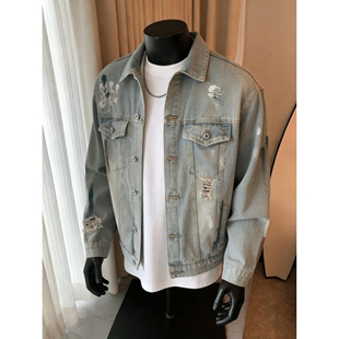 美式 夹克 复古水洗高街牛仔外套男女设计感cleanfit破洞潮流牛仔衫
