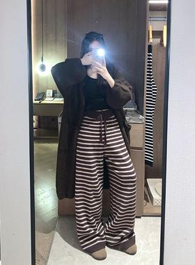 欣旺官图原版布料小个子裤子咖色条纹阔腿裤休闲裤独特直筒