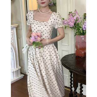 夏季 法式 2025新款 连衣裙子女装 气质收腰长裙 复古小众白色波点短袖