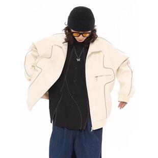 美式 国潮流宽松百搭ins情侣重磅皮衣外套女 潮牌纯色PU皮夹克男款