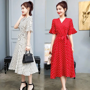 波点连衣裙女2025夏季 收腰显瘦V领仙女裙超仙甜美长裙子 新款