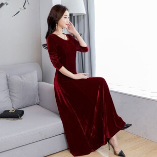 旗袍大码 圆领长袖 女打底裙长裙子 金丝绒连衣裙气质长款 春秋冬新款