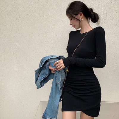 辣妹纯欲短款裙子黑色修身紧气质包臀收腰长袖连衣裙女装秋季内搭