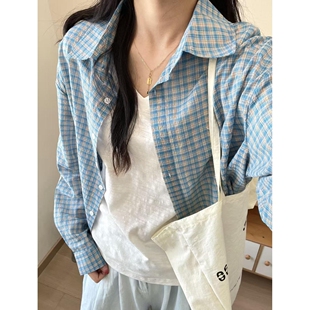 防晒开衫 外套女初秋宽松百搭薄款 上衣 衬衫 韩系蓝色格纹polo领长袖