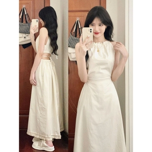 设计感法式 挂脖吊带连衣裙露背系带温柔风气质长裙子 小众镂空无袖