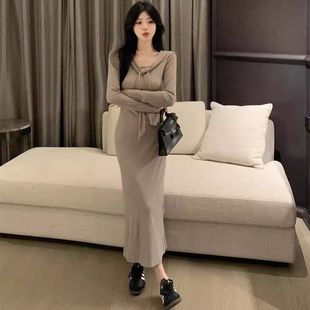 假两件系带披肩长袖 收腰显瘦内搭打底包臀长裙子 针织连衣裙女秋季
