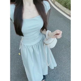 拼接裙子感收腰显瘦长裙 2023新款 蓝色方领吊带连衣裙女装 夏季