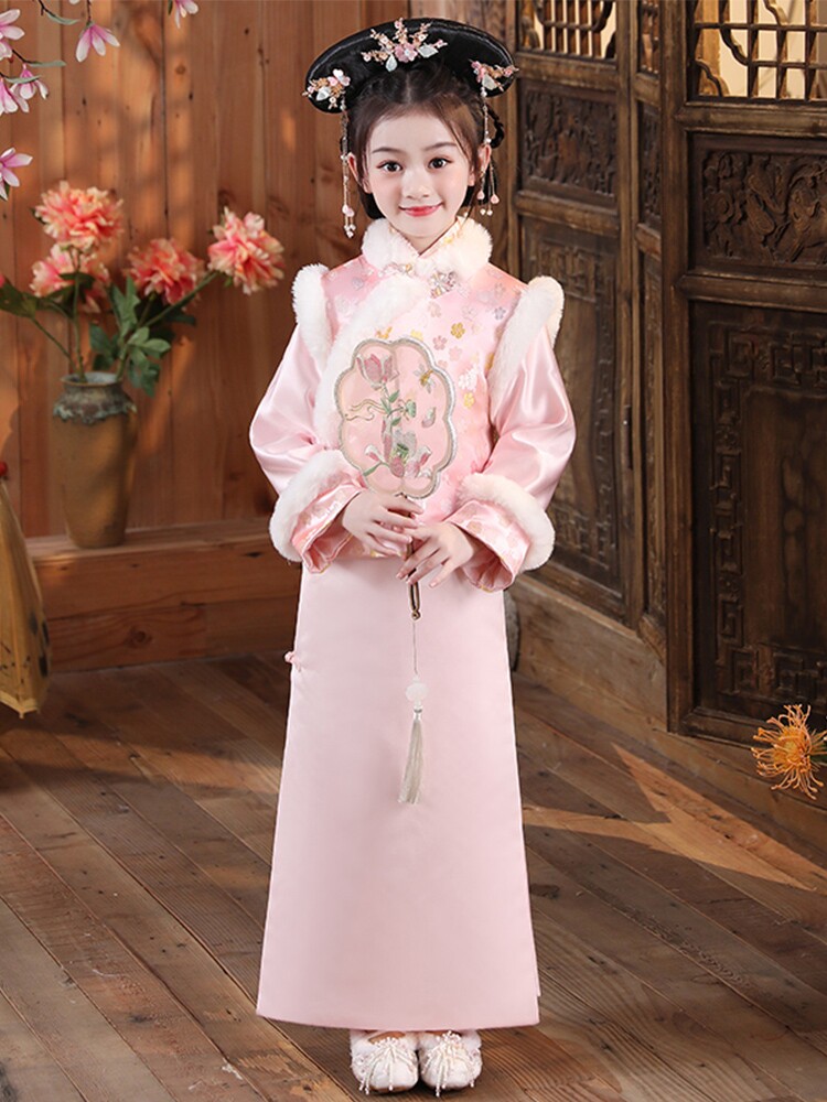 新款汉服女宝清朝宫廷服装中国风女童古装演出写真格格服冬装加厚