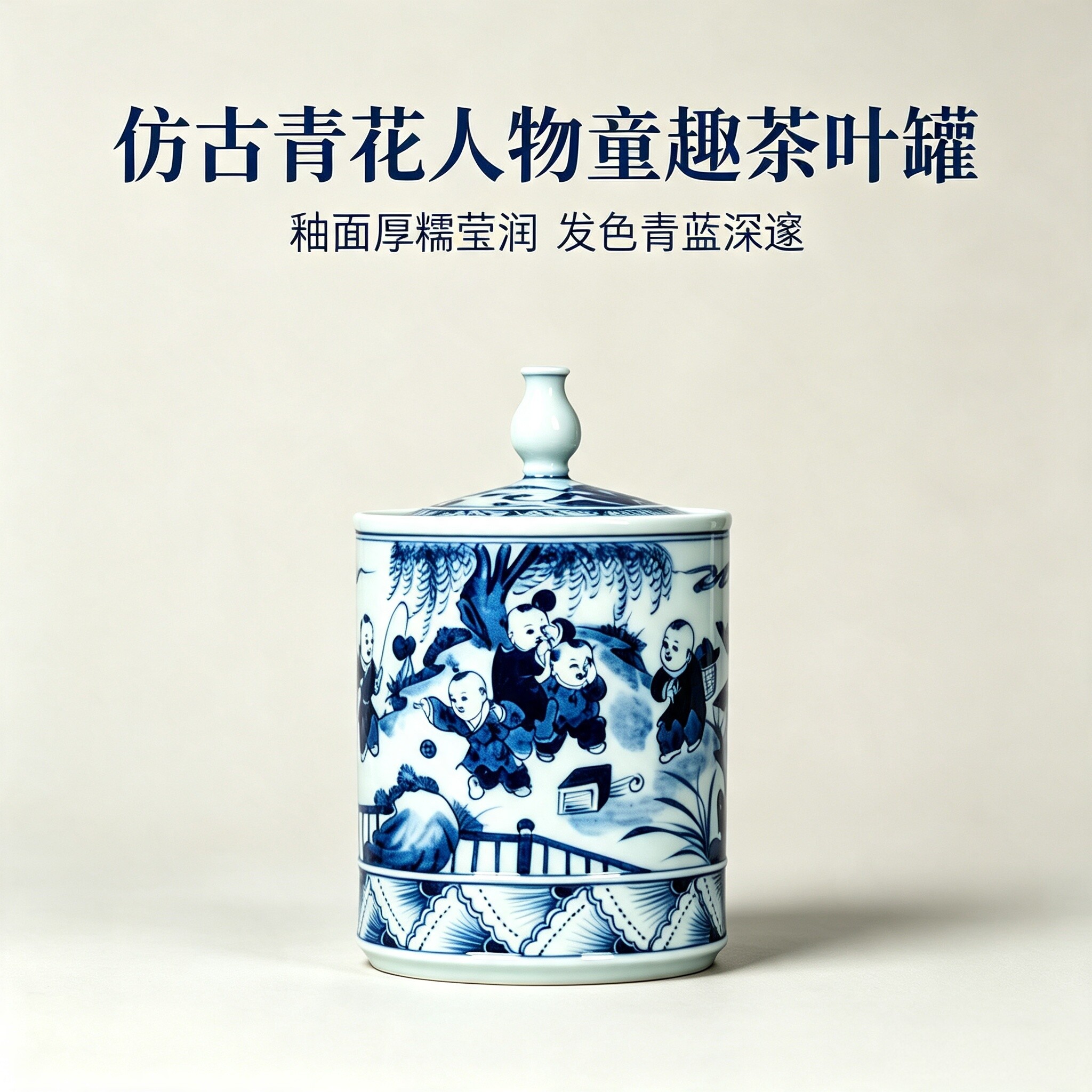 景德镇仿古青花手绘百子图茶叶罐