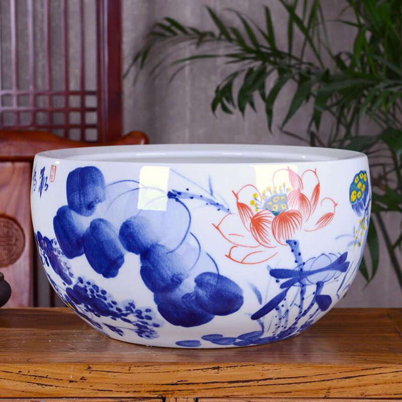 景德镇手绘书画缸卷轴筒陶瓷器金鱼缸水浅乌龟缸睡莲水仙荷花盆