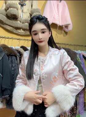 冬季双面穿重工刺绣新中式外套女士保暖小米貂气质显瘦毛毛上衣