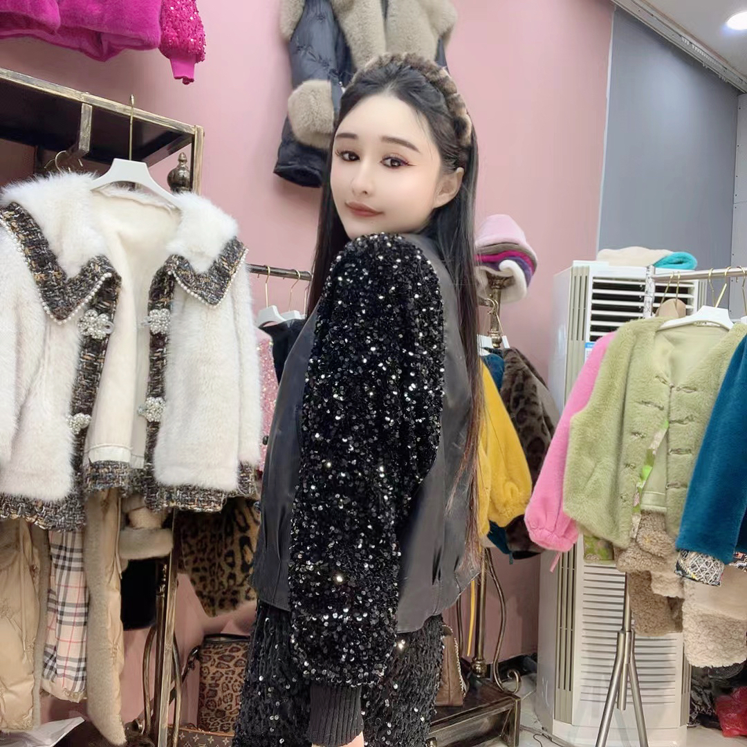 时尚拼接短款外穿上衣女2025早春新款显瘦国风盘扣设计感亮片外套