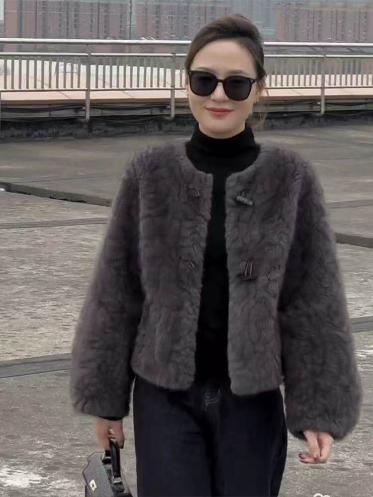 2冬季网红新款时尚毛毛外套女高级感气质灰色加厚仿皮草短上衣