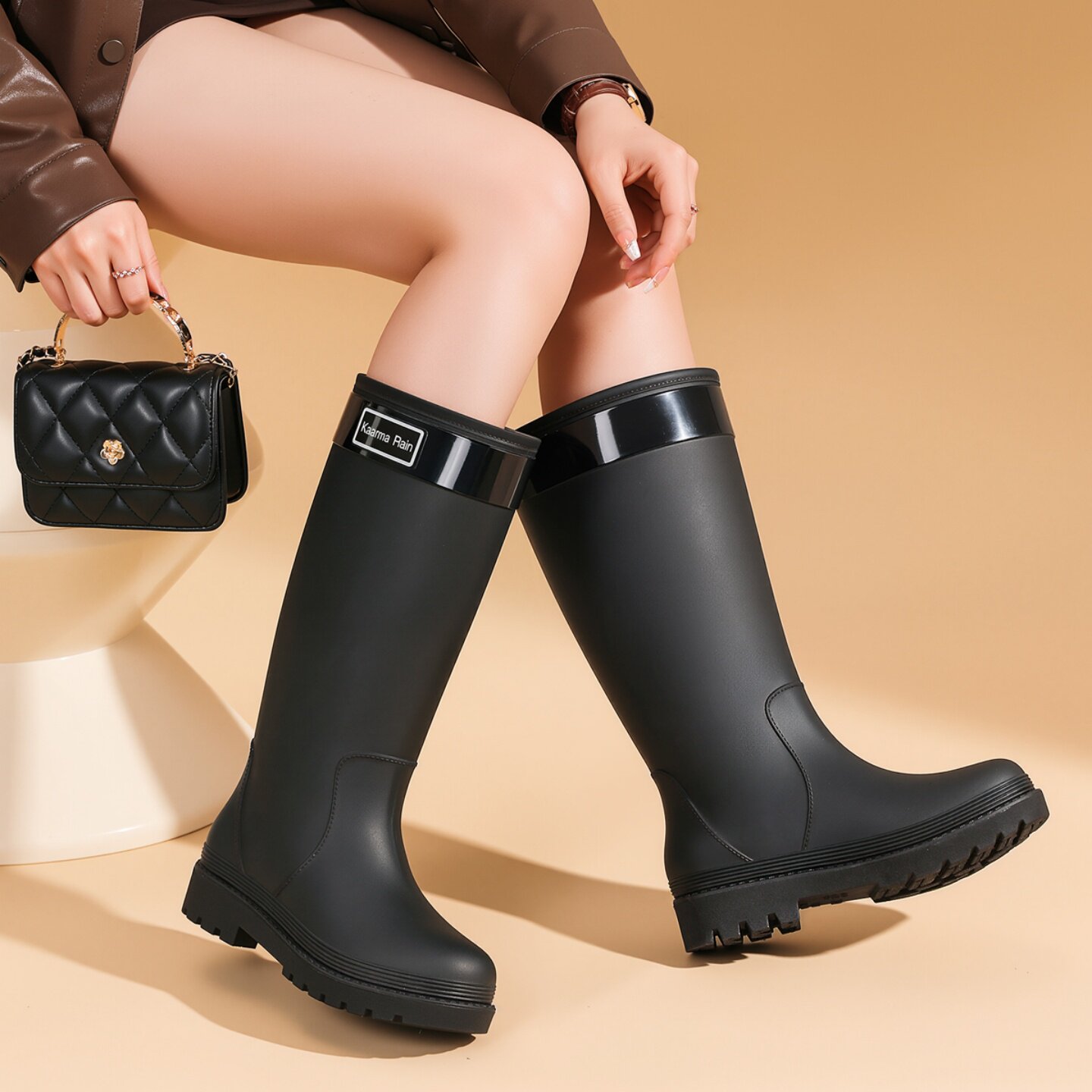 时尚休闲特高筒雨鞋女士加绒保暖