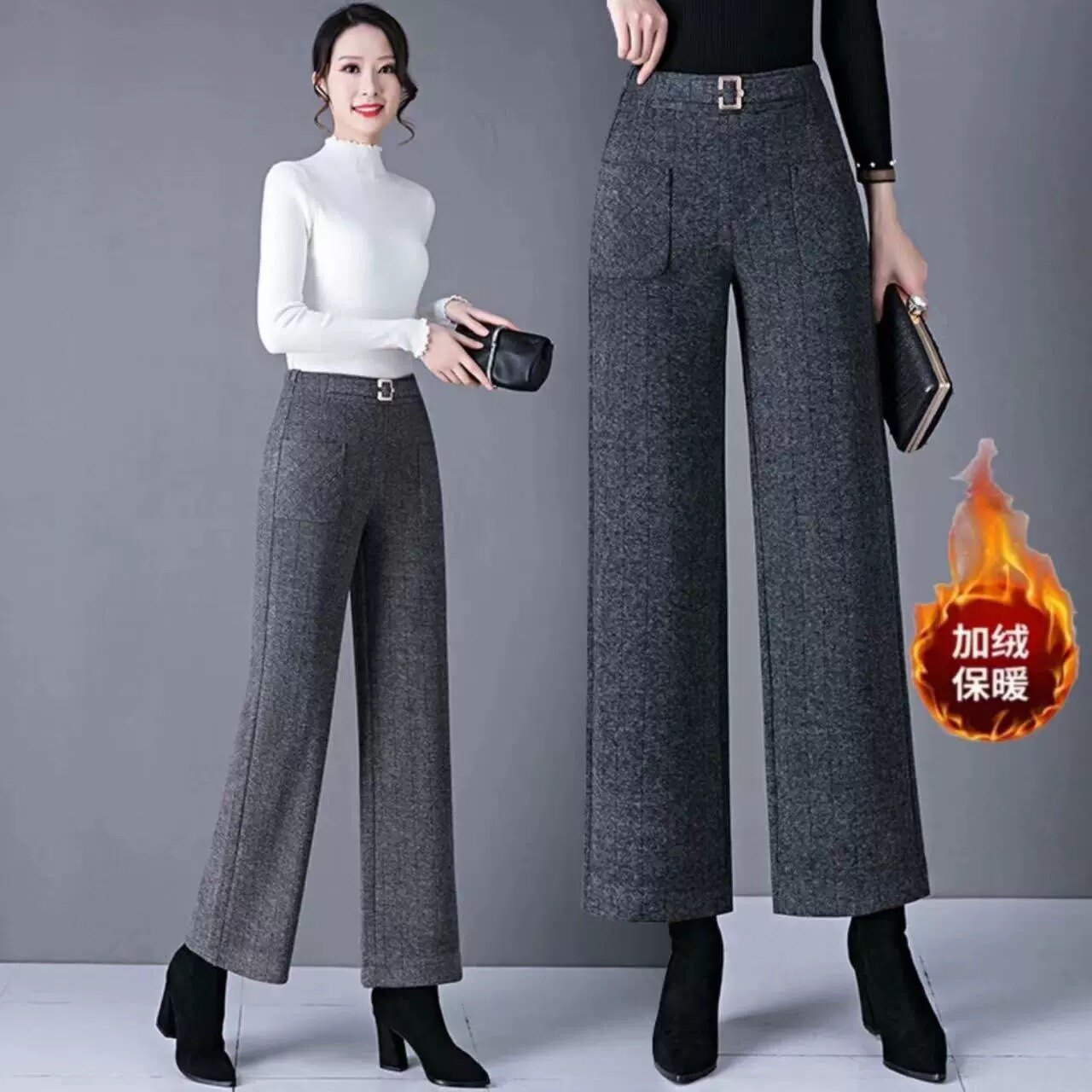 秋冬九分直筒裤加绒加厚羊毛绒保暖阔腿裤高腰大码弹力宽松妈妈裤