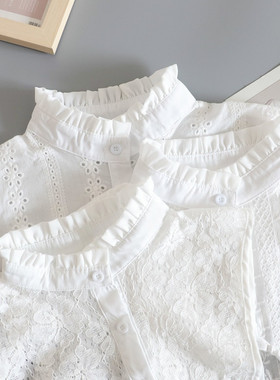 棉麻荷叶边衬衣领秋冬蕾丝立领假领子女衬衫白色百搭印花假衣领