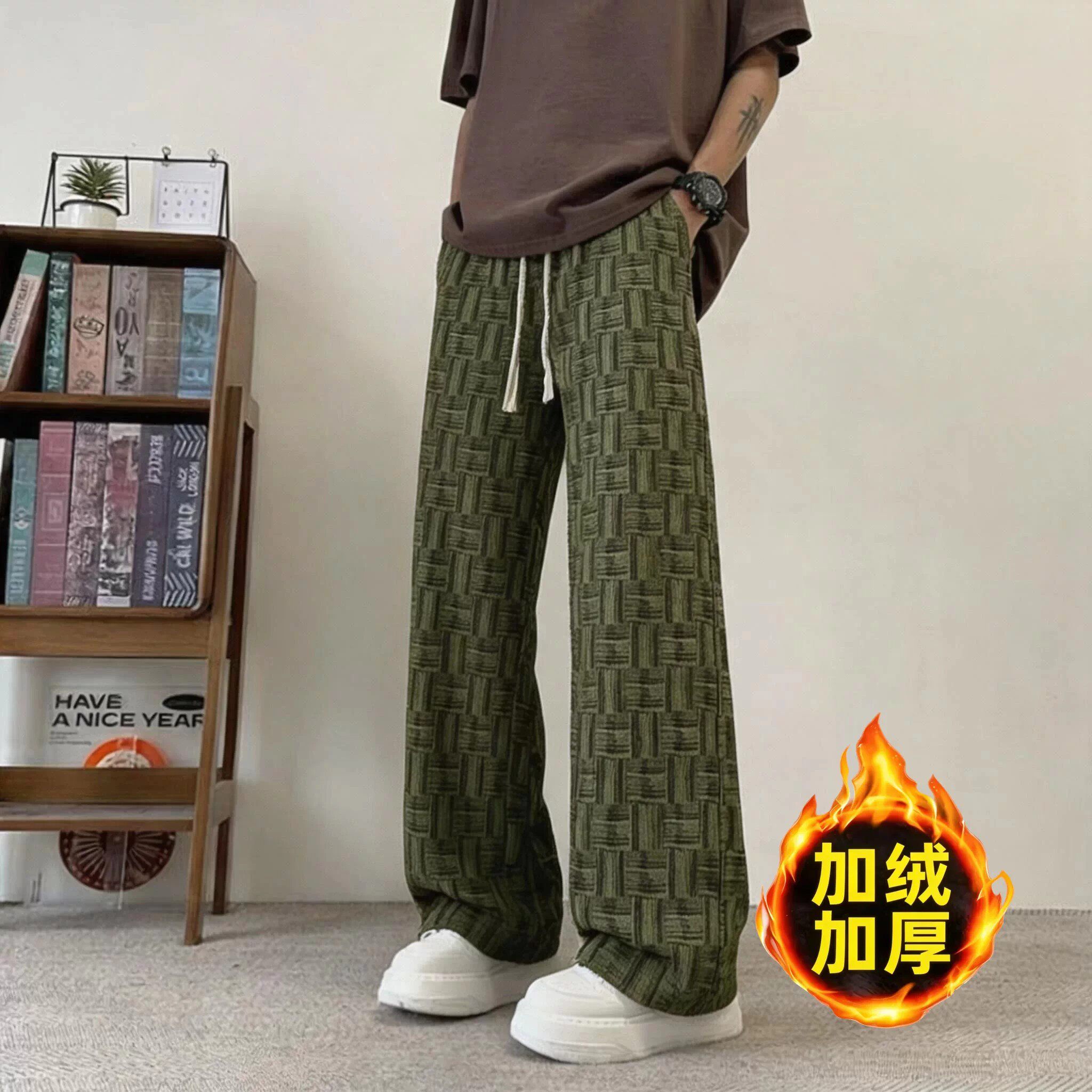 灯芯绒直筒黑色裤子男款秋季潮流百搭垂感格子长裤宽松休闲运动裤
