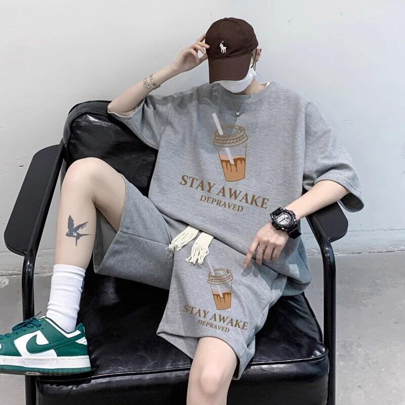 夏季潮牌华夫格短袖T恤男士韩版潮流宽松五分运动短裤两件套套装