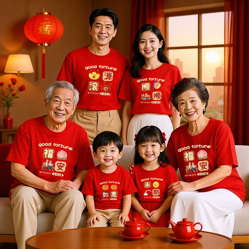 新年红色国潮亲子装短袖T恤拜年