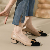 高跟鞋 真软皮小香风粗跟单鞋 气质拼色浅口法式 新款 女秋季
