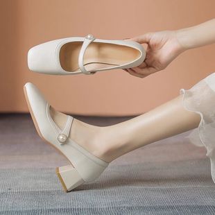 珍珠方头法式玛丽珍鞋软皮粗跟配裙子气质单鞋软底中跟仙女鞋温柔
