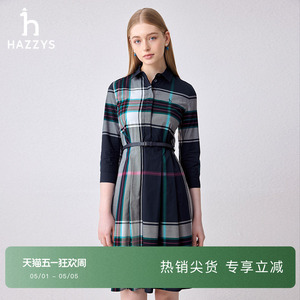 Hazzys哈吉斯修身版大格纹衬衫连衣裙女春秋季时尚修身长袖裙子