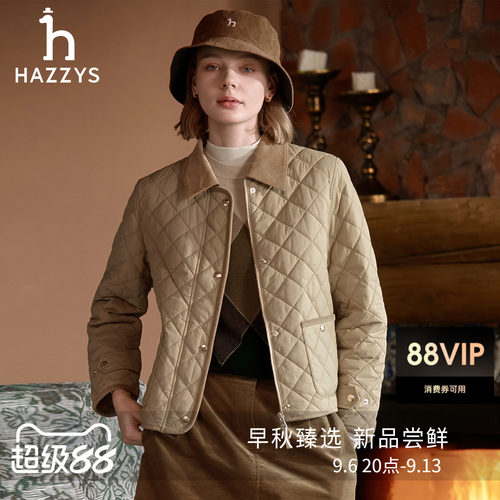 【防泼水】Hazzys哈吉斯灯芯绒拼接领棉服女秋冬休闲通勤翻领外套
