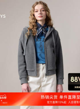 Hazzys哈吉斯秋季女士时尚长袖卫衣开衫外套宽松潮流灰色上衣