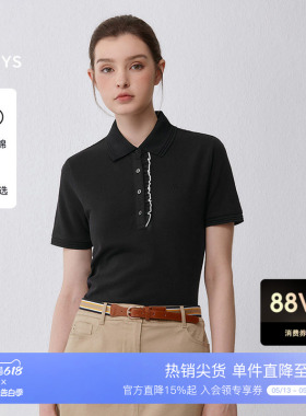 Hazzys哈吉斯木耳边门襟短袖polo衫女士夏季休闲T恤黑色运动